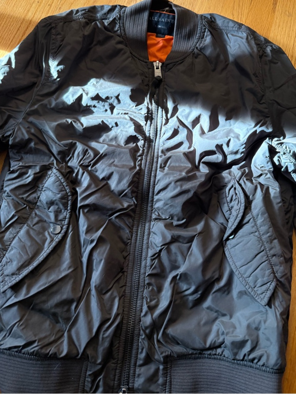 AllSaints Olive Bomber Jacket with Orange Interior